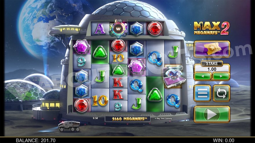 Max Megaways 2 slot game field on the Moon with spherical buildings.