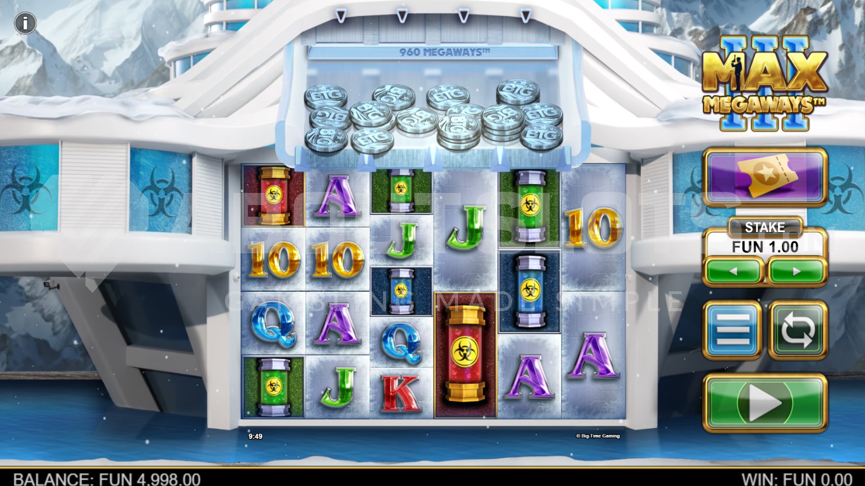 A slot game with 6 reels showing free spins feature