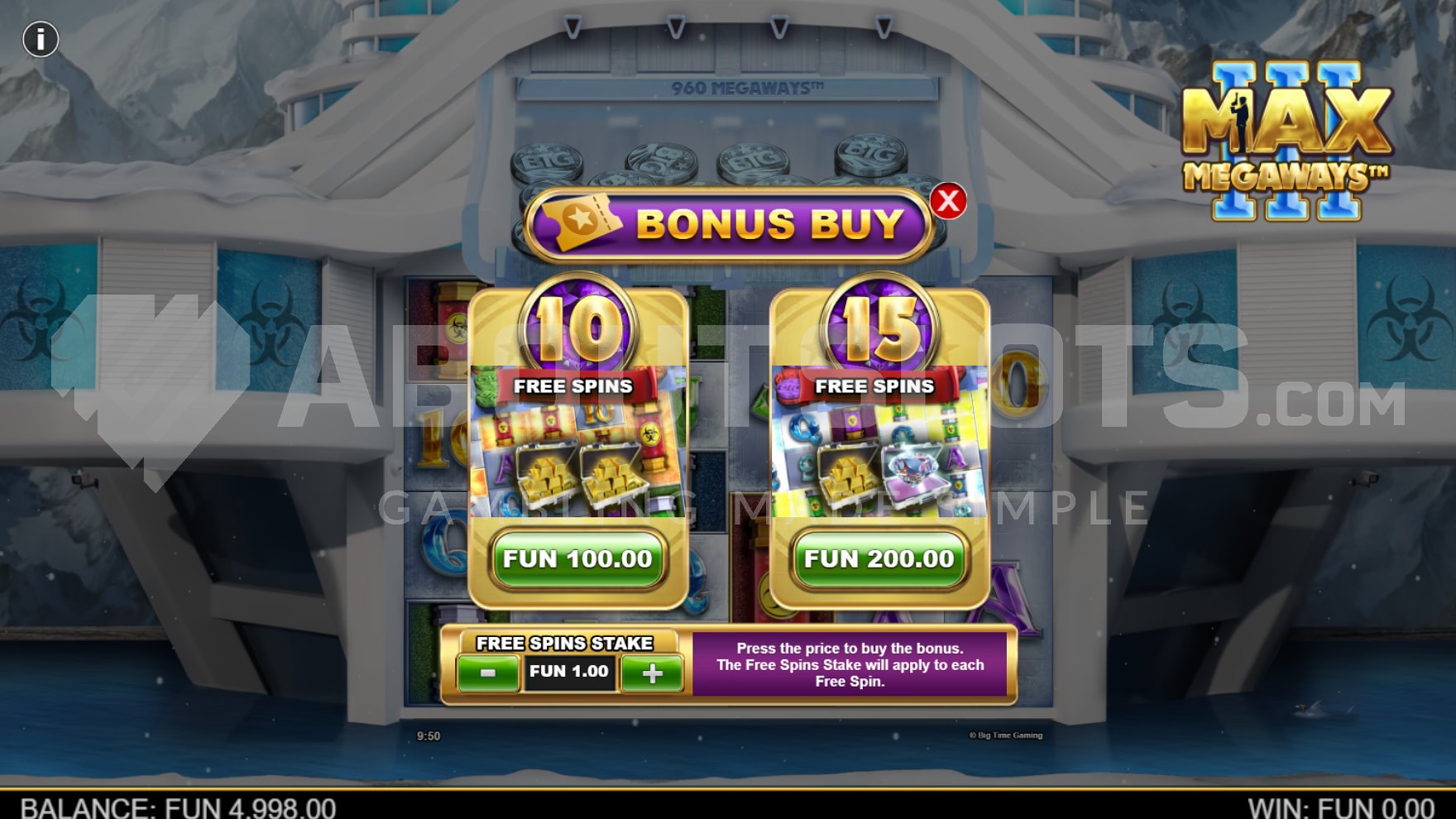 Menu offering free spins for sale
