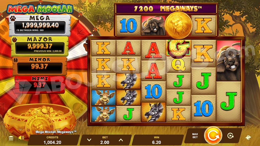 Mega Moolah Megaways slot main game screen showing African savannah theme