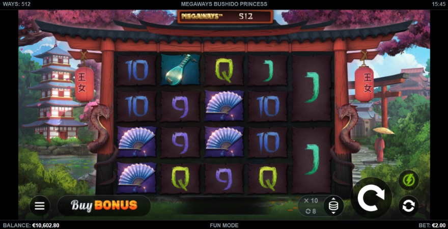 Main game screen of Megaways Bushido Princess slot