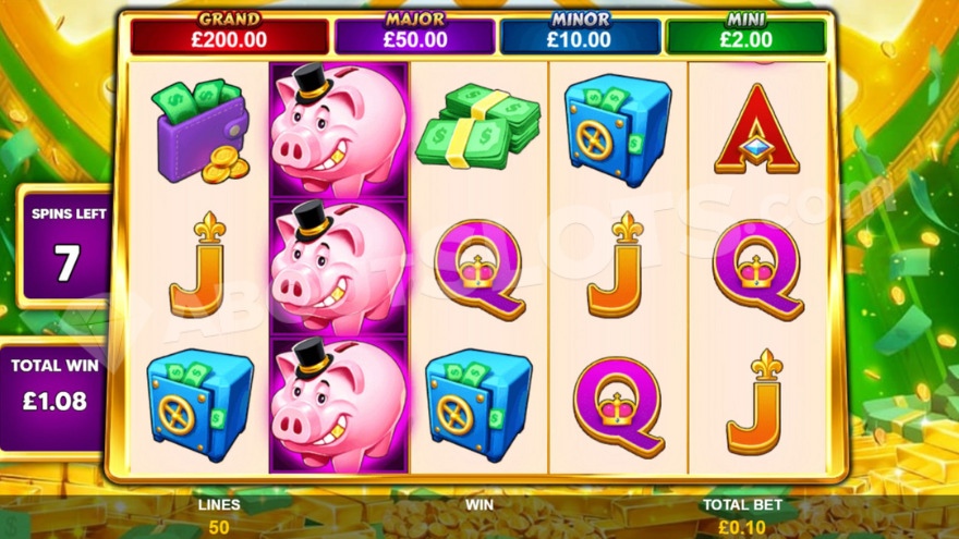 Free Spins feature with a stack of pig symbols on the second reel.