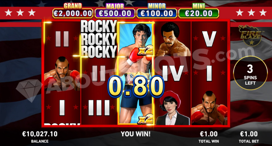 Free spins feature with fully expanded Rocky symbol on the middle reel