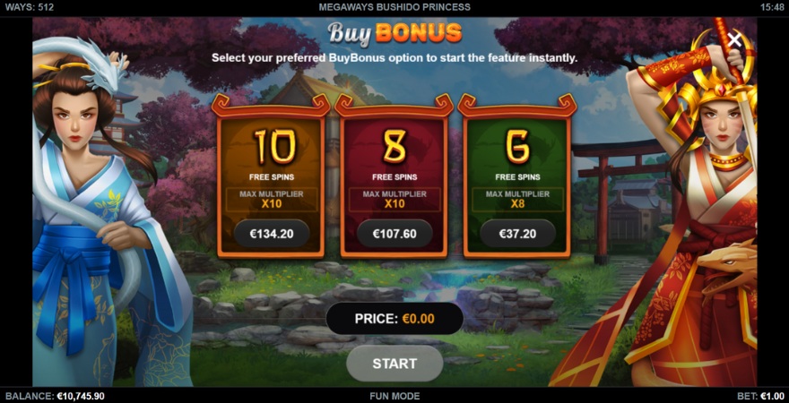 Various bonus buy options in Megaways Bushido Princess