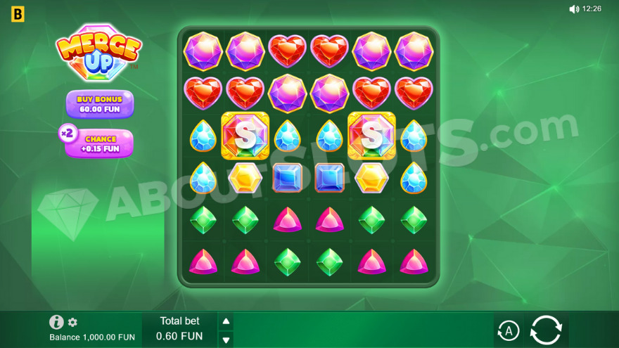 Base game of Merge Up slot showing gem symbols on the reels