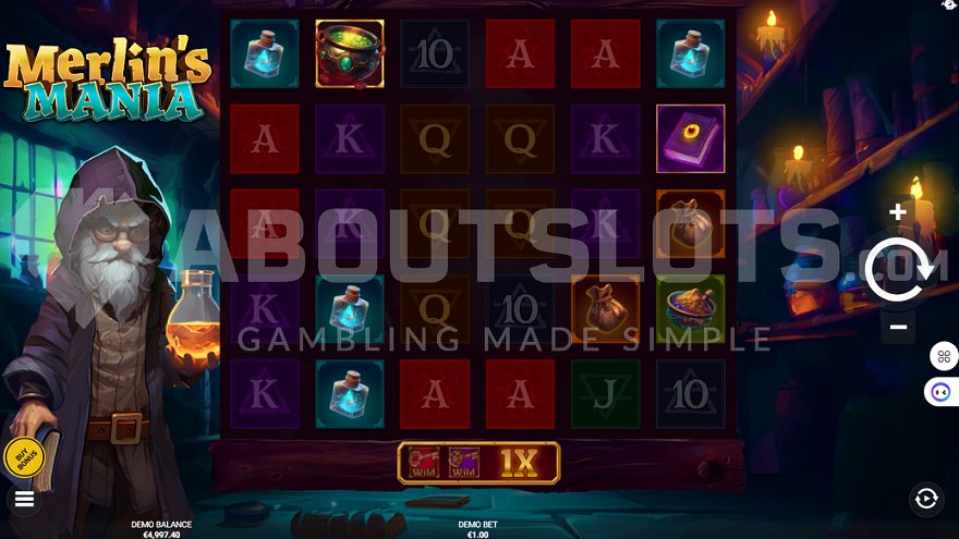 Slot machine with a wizard standing next to the reels during base game.