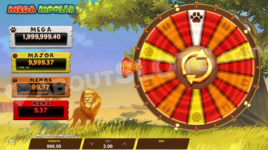 Mega Moolah Megaways progressive jackpot wheel feature showing four different jackpot levels