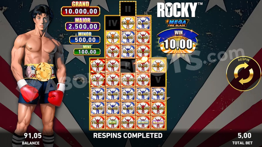 Mega Fire Blaze Hold and Respin feature with Rocky on the left