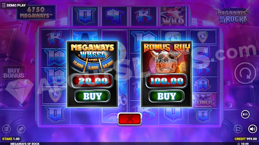 Menu offering Megaways Wheel for 20x stake and Free Spins for 100x stake options.