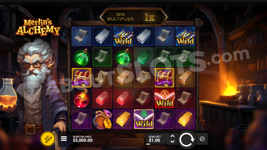 Main game screen showing Merlin holding a potion bottle on the left side of the reels
