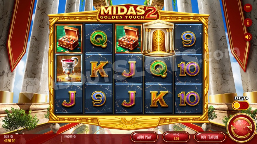 Base game with large columns in the background of Midas Golden Touch 2 slot.