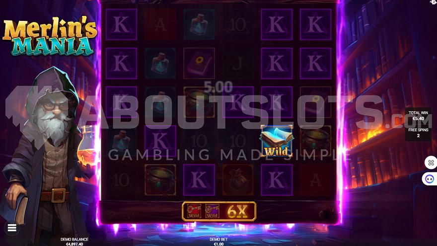 Merlin's mania free spins feature in action with multipliers and special symbols.