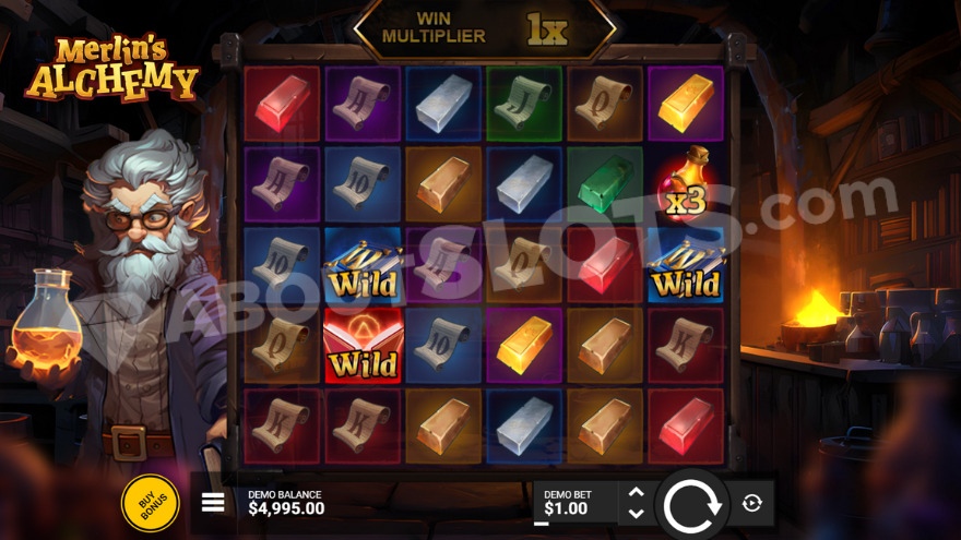 Red potion vial with 3X multiplier visible on the sixth reel