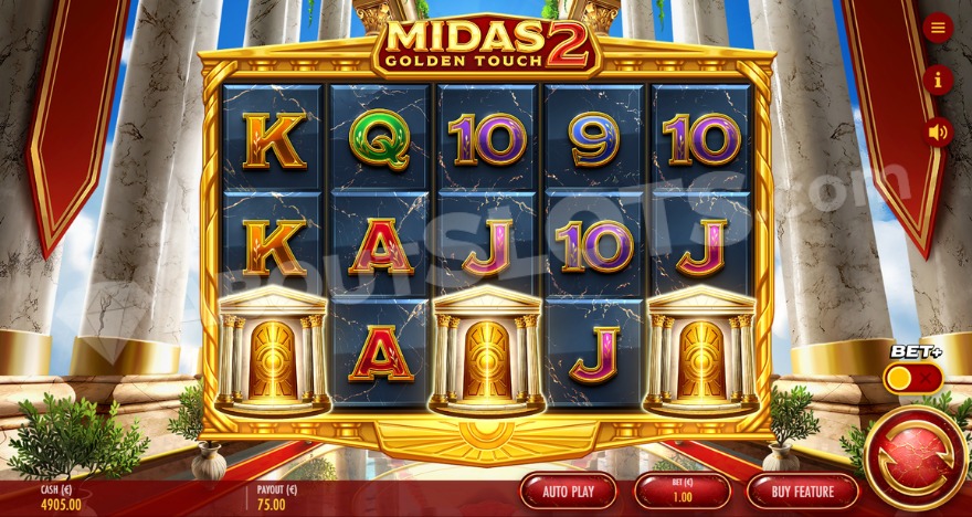 Free spins feature activation with three scatter symbols landing on the reels in Midas Golden Touch 2.