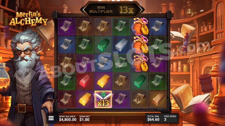 Bonus game with free spins showing current win multiplier of 13X displayed above the reels