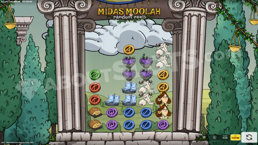 Slot machine with 5 reels and 9 rows featuring Greek mythology symbols.