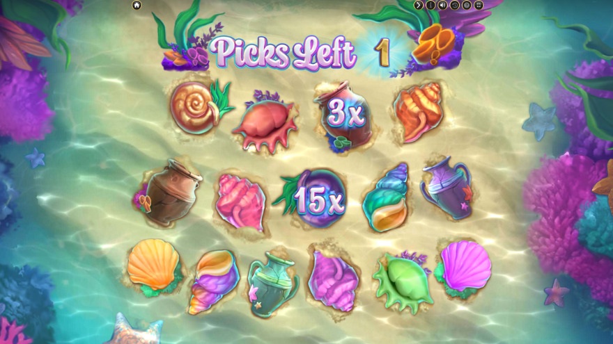 Bonus picker with two open shells showing 3X and 15X multipliers