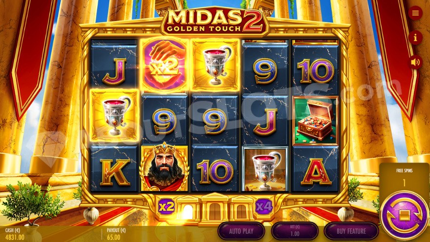 Bonus game with free spins featuring a wild symbol with 2X multiplier on the second reel in Midas Golden Touch 2.