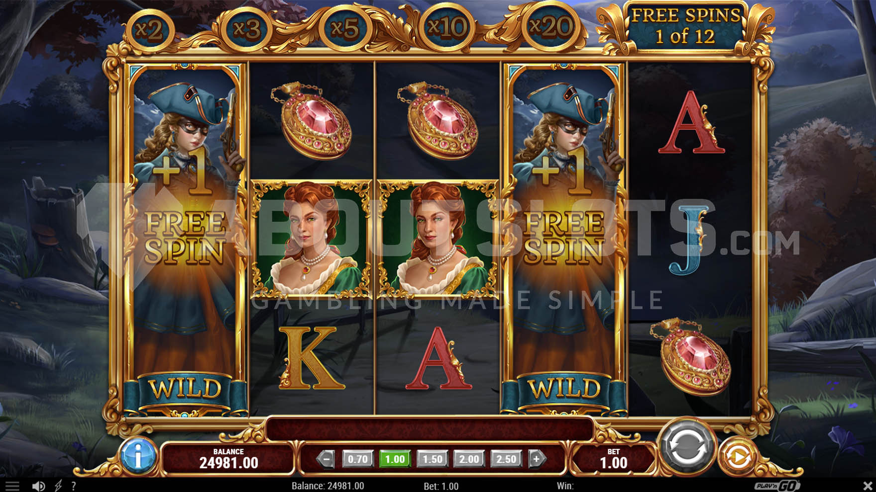 Free spins bonus with stacked wilds, where 2 stacked wilds have landed on reels 1 and 4.