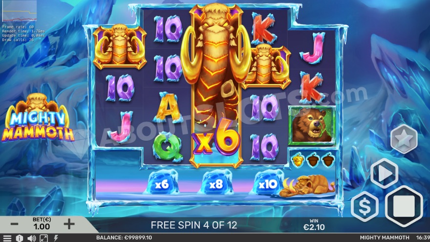 Progressive free spins feature with fully stacked mammoth symbol on middle reel