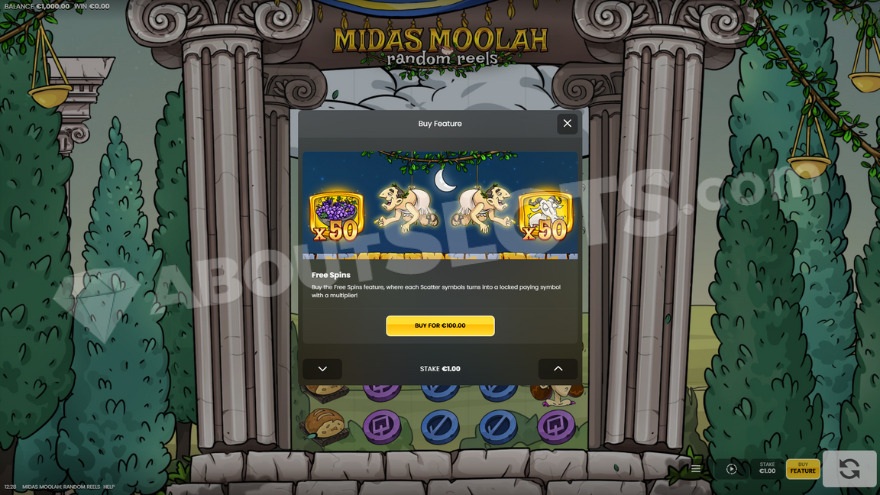 Screen offering free spins feature buy option for 100x the stake.