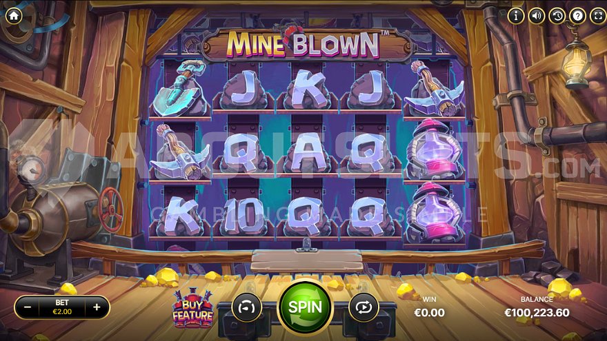 Mine Blown slot base game screen showing the mining-themed reels