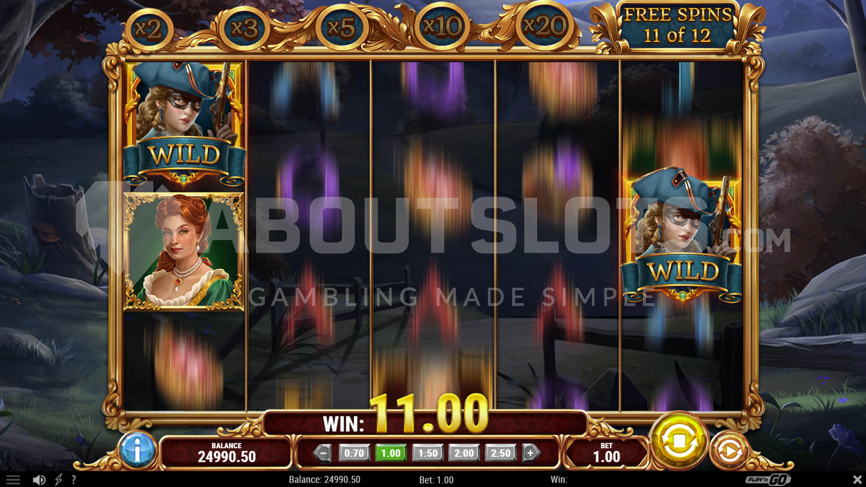 Free spins with roaming wilds, where 2 roaming wilds appear on reels 1 and 5 during a spin.