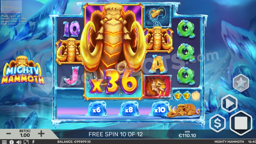 Combined mammoth multipliers showing 36X on second and third reels