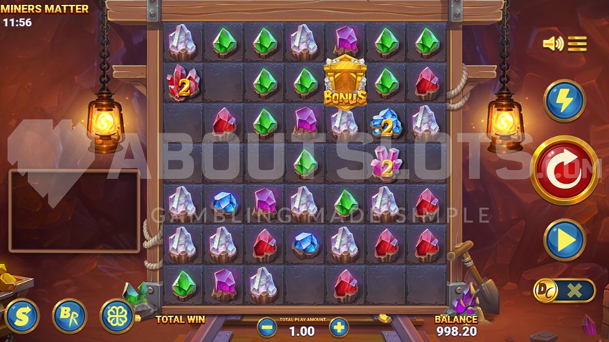 Mining-themed slot machine with gems on the reels in underground mine setting.