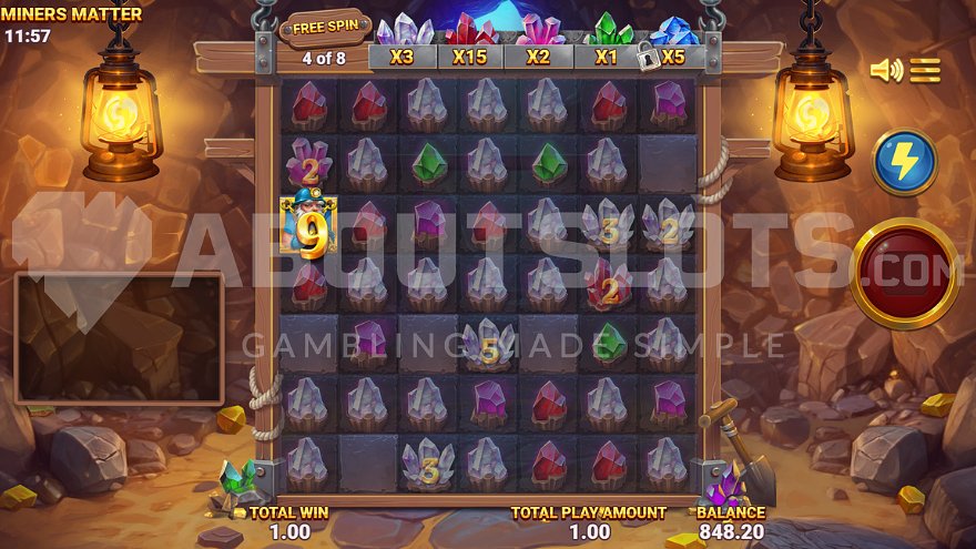 Win display during the fourth of eight free spins with multipliers active.