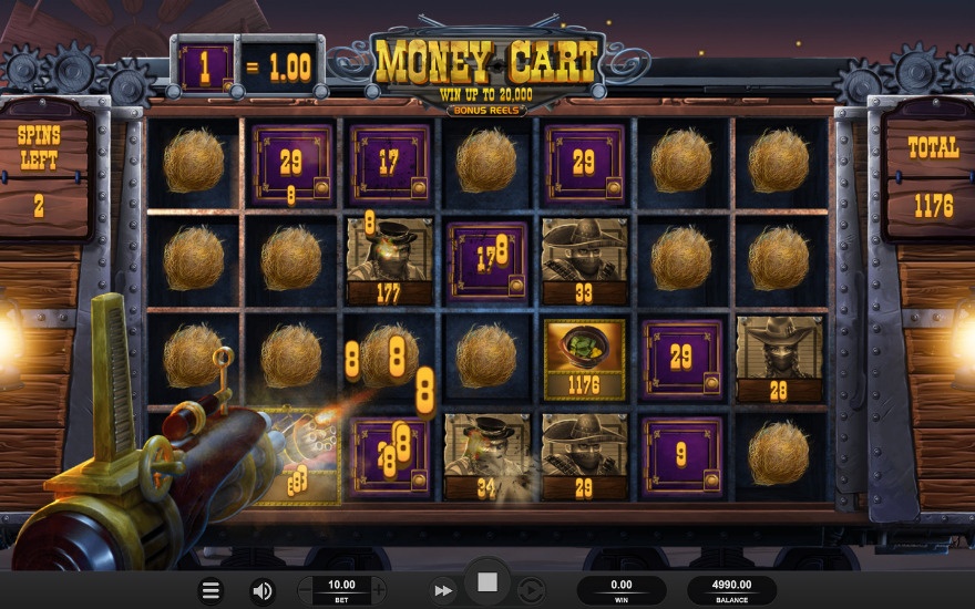 Money Cart bonus feature showing special symbols and respin mechanics
