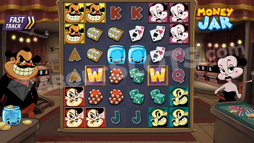 Money Jar slot game main screen showing cartoon casino characters