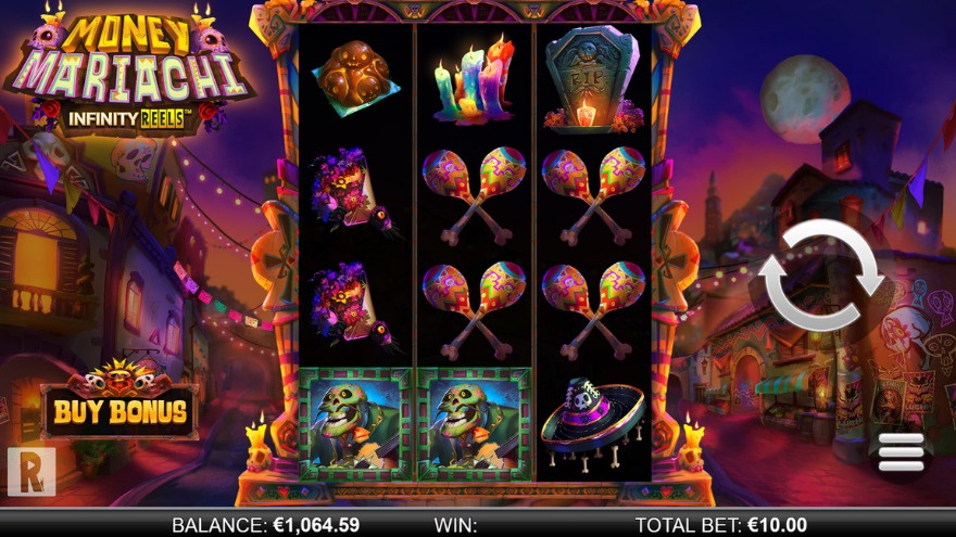 Money Mariachi Infinity Reels slot main screen showing colorful Day of the Dead theme