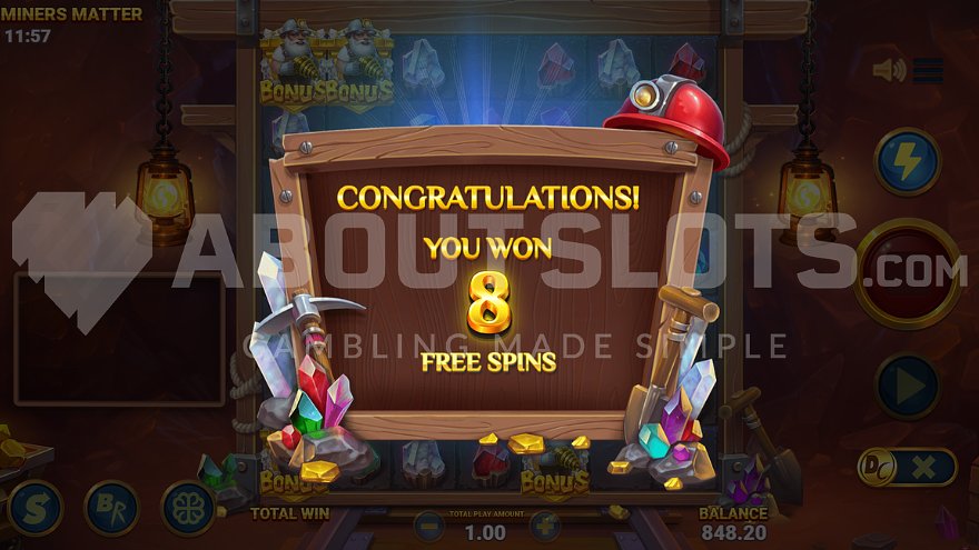 Screen congratulating player with 8 free spins award with special color selection.