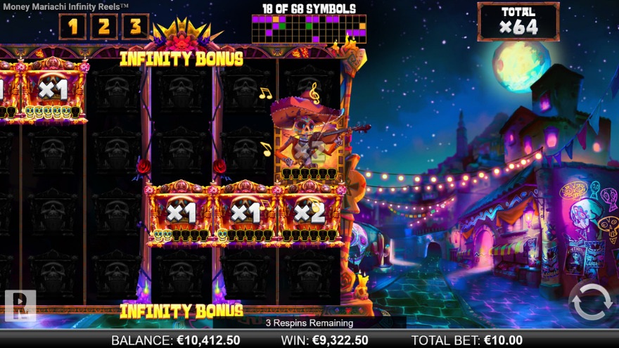 Money Mariachi Infinity Reels bonus game showing expanding reels feature