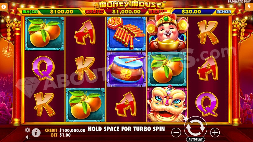 Base game view showing the money mouse symbol on the fourth reel.