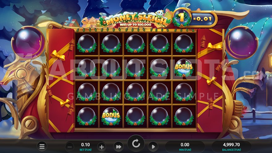 Money Sleigh slot game with empty snow globes on the reels except for two bonus symbols