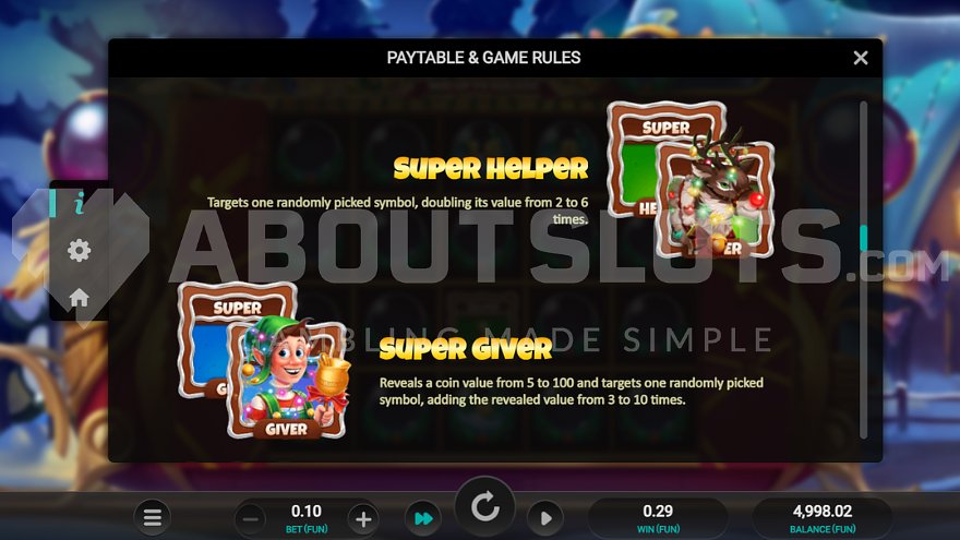 Money Sleigh paytable showing the Helper reindeer and Super Payer symbols