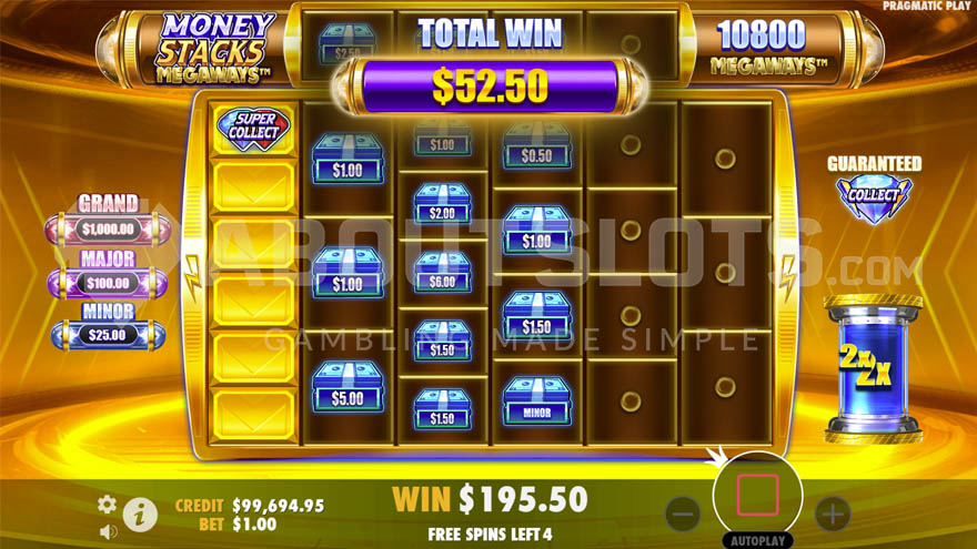 Money Spins bonus with multiple Money symbols on the grid and a Super Collect symbol on the first reel