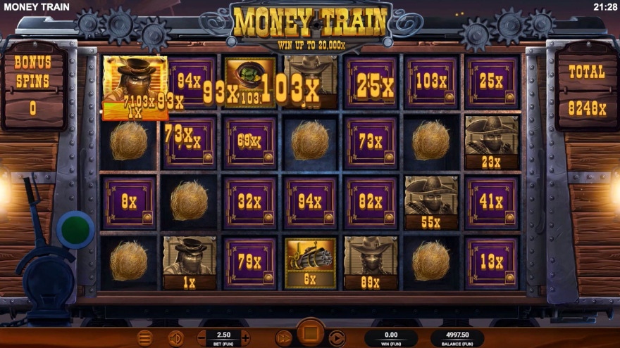 Total win of 8,248 times the stake shown in the Money Cart Bonus Round.