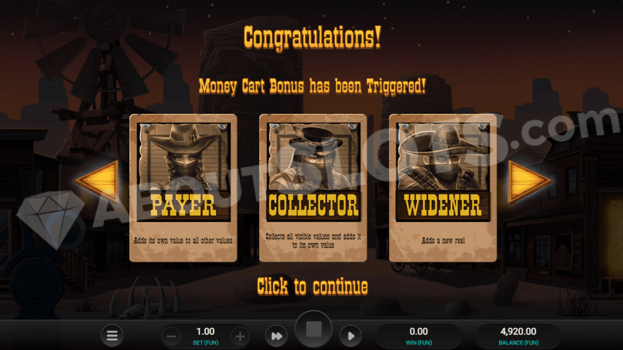 Introductory screen of the Money Cart bonus game showing the Payer, Collector, and Widener characters.