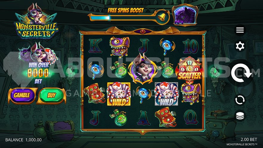 Monsterville Secrets slot base game with cartoon detective theme