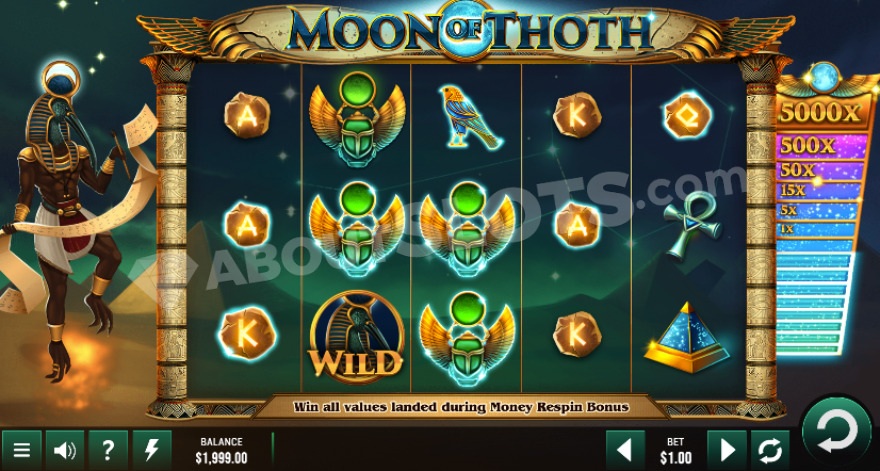 Base game with Thoth visible to the left of the reels.