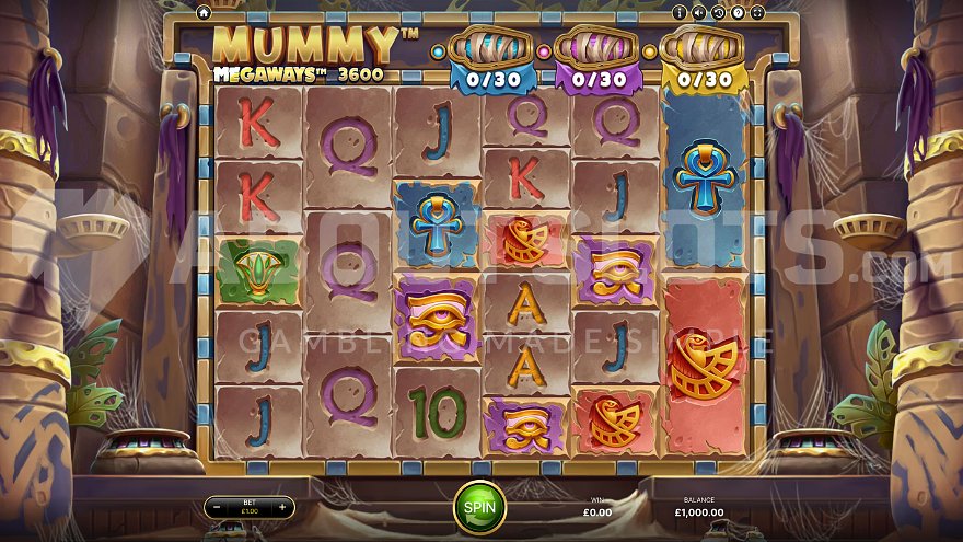 Egyptian-themed slot game with 6 reels in ancient tomb setting