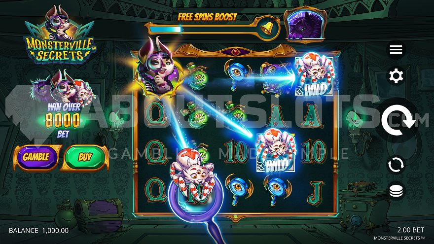 Friday symbol placing wild symbols on reels 2, 4, and 5 in Monsterville Secrets slot