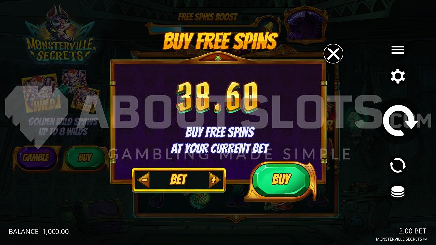 Feature Buy menu offering free spins in Monsterville Secrets slot