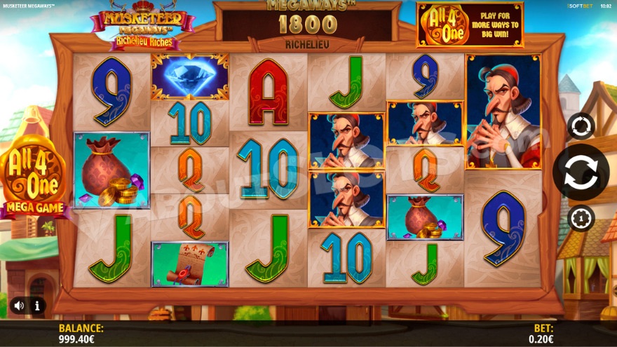 Musketeer Megaways slot game main screen with symbols and reels