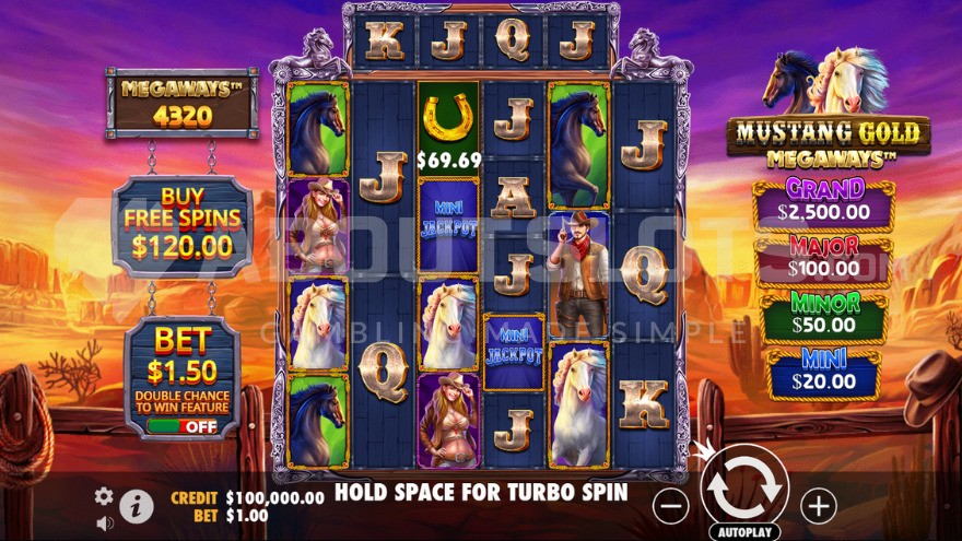 69.69X win on the 3rd reel in Mustang Gold Megaways base game