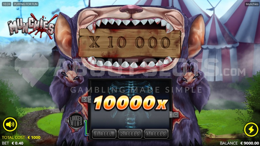 Screenshot of the maximum 10,000x win in God Mode feature in Munchies slot