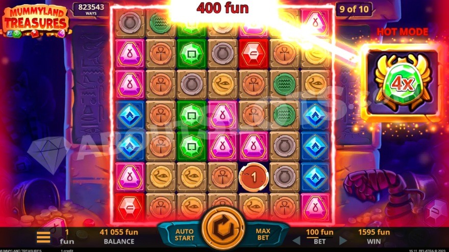Screenshot of the hot free spins mode in Mummyland Treasures with expanded grid.